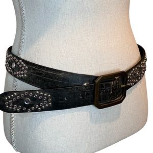 Leather Pink Clear Studded Dark Gray Ladies Fashion Belt Brass Buckle Size M/36"